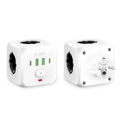 Tech-Protect Pcl3x4 Väggladdare adapter 2 Usb & 2 Typ-C & 3 Sockel - Vit