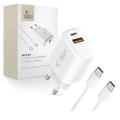 Tech-Protect Väggladdare 20W med USB-C Till USB-C Kabel - Vit