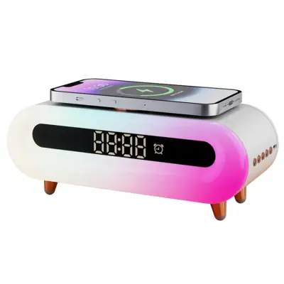 Trådlös laddare med trådlös högtalarklocka Sänglampa RGB S608 - Vit
