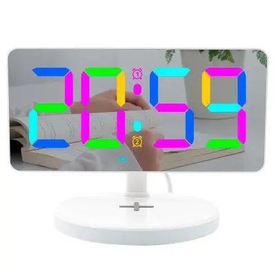 TS-3001X-B Spegel yta Digital LED-klocka 15W Trådlös laddare RGB Nattljus - Vit