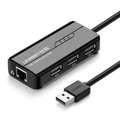 Ugreen Hub 3x USB-A Nätverksadapter RJ45/USB-A 10/100Mbps - Svart