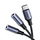 UGreen USB Type C 2x 3,5 mm mini jack splitter adapter 20 cm Grå
