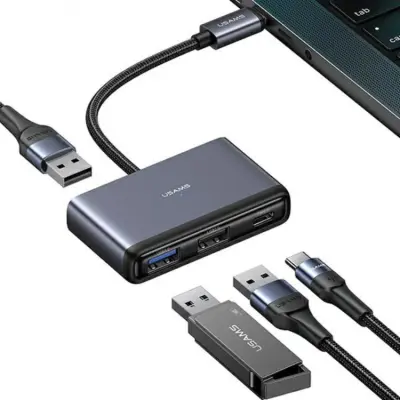 USAMS 4in1 Adapter Hubb USB-C 2xUSB 2.0. USB 3.0 - Grå
