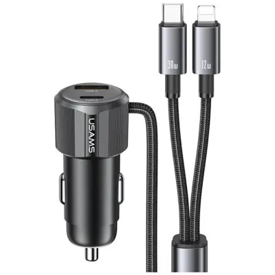 USAMS Billaddare 66W 1xUSB-A 1xUSB-C Med USB-C/Lightning Kabel