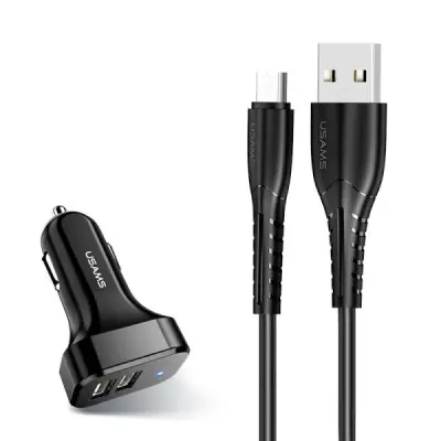 USAMS C13 Billaddare 2xUSB-A med MicroUSB Kabel - Svart
