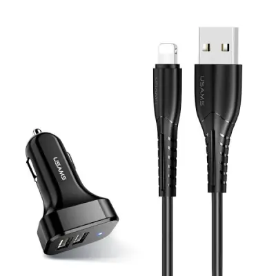 USAMS C13 Billaddare 2xUSB-C 2.1A med Lightning Kabel - Svart