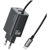 USAMS Snabbladdare 65W 2xUSB-C 1xUSB-A GaN JC - Svart