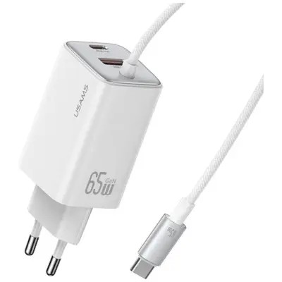USAMS Snabbladdare 65W 2xUSB-C 1xUSB-A GaN JC - Vit
