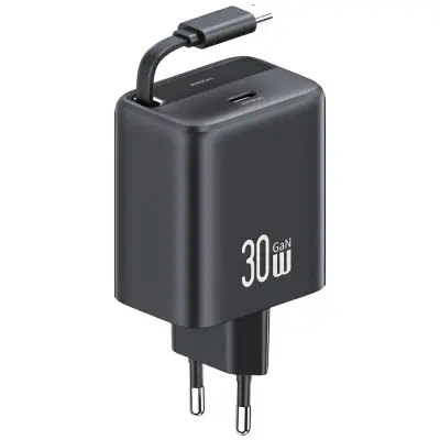 USAMS Väggladdare 1xUSB-C m utdragbar kabel PD+QC 30W GaN - Svart
