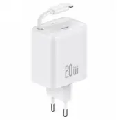 USAMS Väggladdare 1xUSB-C med utdragbar USB-C kabel PD+QC 20W GaN – Vit