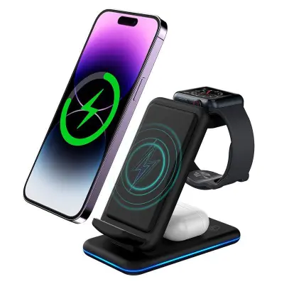 V15 3-i-1 Fällbar Trådlös Laddare 15W för Mobil/Hörlurar/Klocka - Svart