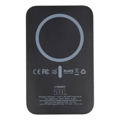 VEGER Powerbank 5000 mAh Magsafe 20W med trådlös laddning - Svart