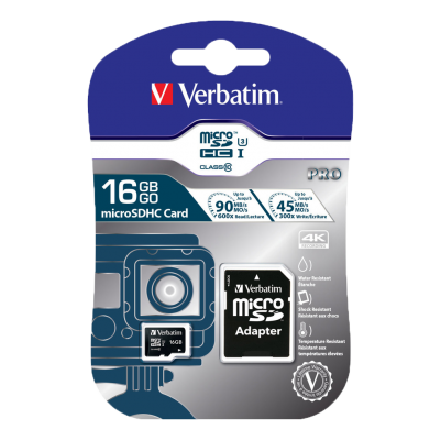 Verbatim PRO microSDHC U3 m. adapter 16GB