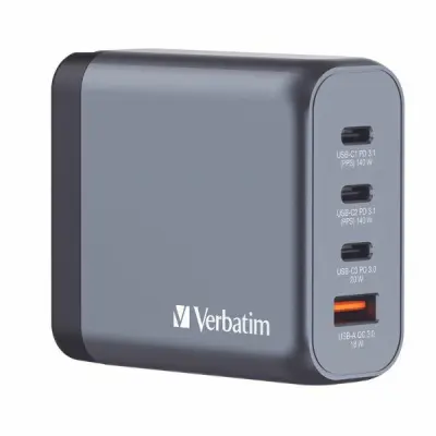 Verbatim Snabbladdare 140W GaN 3xUSB-C USB-A EU/UK/US - Svart