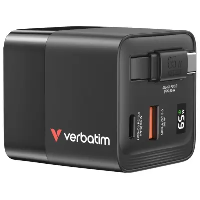 Verbatim Snabbladdare 65W GaN USB-C USB-A EU/UK/US - Svart