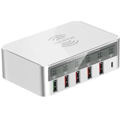 WLX-818F Trådlös laddare LED-display QC3.0 6 USB - EU-kontakt