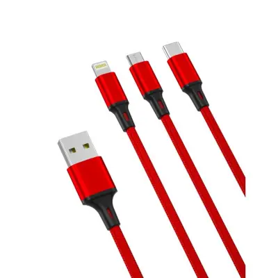 XO 3in1 USB-A Till Lightning USB-C Micro-USB Kabel 2.4A 1.2m - Röd