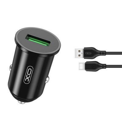 XO Billaddare 18W 1x USB + USB-C Kabel TZ12 - Svart
