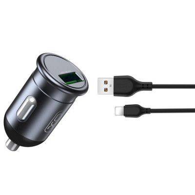 XO Billaddare 1x USB QC 3.0 18W + Lightning Kabel CC46 - Grå