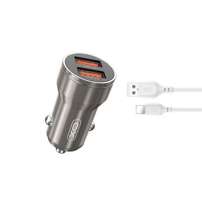 XO Billaddare 2x USB 2,4A + Lightning Kabel CC48 - Grå
