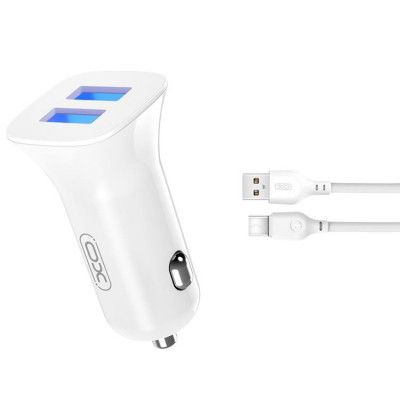 XO Billaddare 2x USB 2.4A med USB/USB-C Kabel - Svart