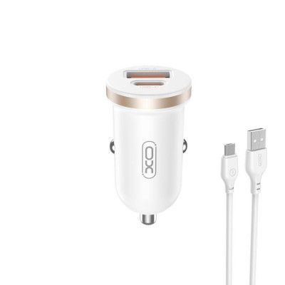 XO Billaddare 30W 1x USB 1x USB-C + Micro-USB Kabel CC56 - Vit