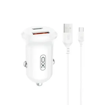 XO Billaddare 30W USB-A/USB-C med Kabel USB-A/USB-C PD QC Vit