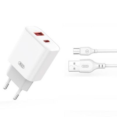 XO Snabbladdare 20W USB-C med MicroUSB Kabel CE12 QC3.0 PD