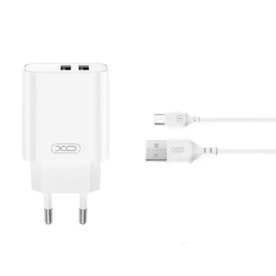 XO Snabbladdare 2x USB-A 2.4A Med USB-A/USB-C Kabel - Vit