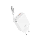 XO Snabbladdare 30W 1xUSB-C 1xUSB-A med Infällbar USB-C kabel - Vit