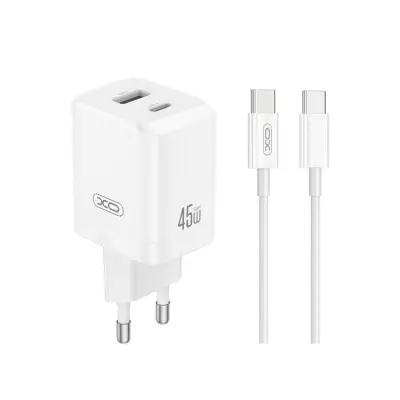 XO Snabbladdare 45W USB-A - USB-C Med USB-C - USB-C Kabel Vit