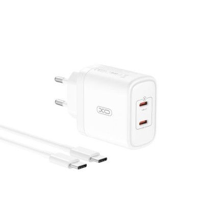 XO Snabbladdare 2x USB-C 50W med USB-C/Lightning Kabel PD Vit