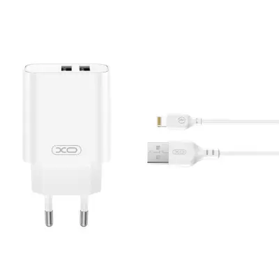 XO Väggladdare 2x USB-A 2.4A Med Lightning Kabel - Vit