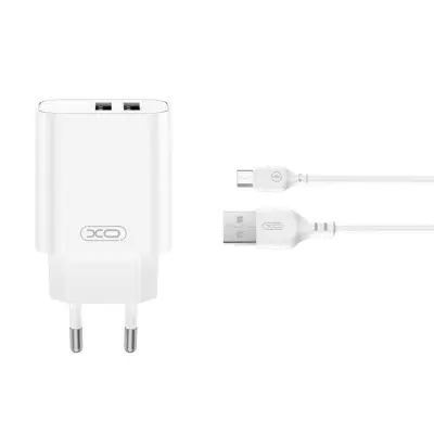 XO Väggladdare 2x USB-A 2.4A Med MicroUSB Kabel - Vit