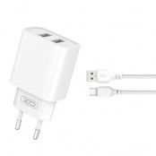 XO Väggladdare 2x USB 2.1A med MicroUSB Kabel CE02C - Vit