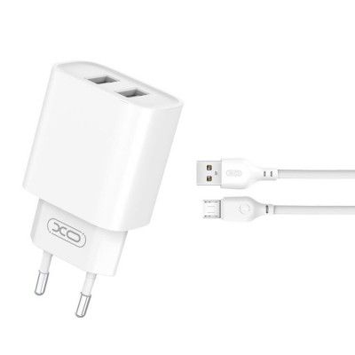 XO Väggladdare 2x USB 2.1A med MicroUSB Kabel CE02C - Vit