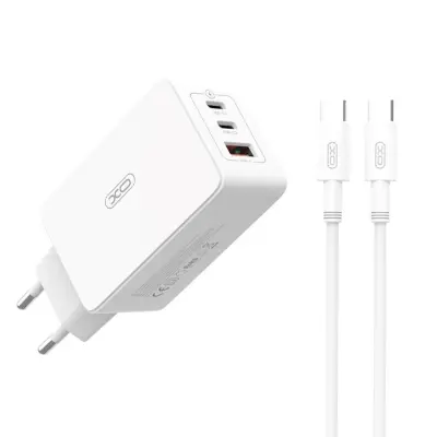 XO Väggladdare USB/2x USB-C 65W med USB-C/USB-C Kabel PD QC 3A