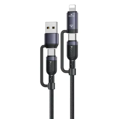 YESIDO 4in1 USB - 2x USB-C/Lightning 60W kabel 8-pin 1.2m