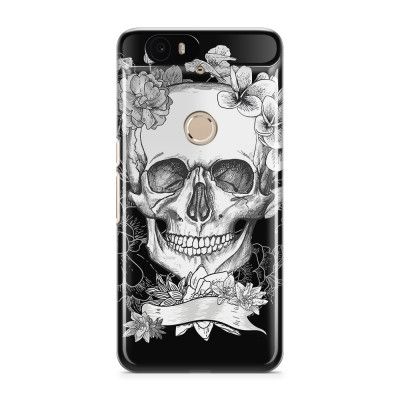 Skal till Nexus 6P - Blommig dödskalle - Svartvit