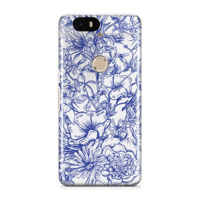 Skal till Nexus 6P - Blommor - Blå/Vit