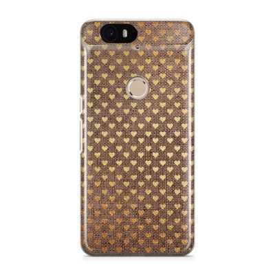 Skal till Nexus 6P - Canvas Hjärtan - Guld/Brun