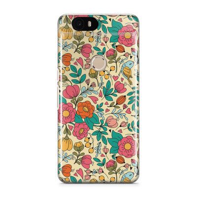 Skal till Nexus 6P - Retro Blommor - Beige