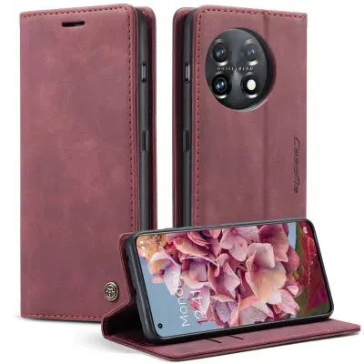 CASEME 013 OnePlus 11 5G Mobilskal Magnetisk Flip KonstLäder Vinröd