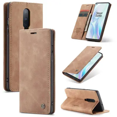 CASEME 013 Series Konstläderplånboksfodral för OnePlus 8 - Brun