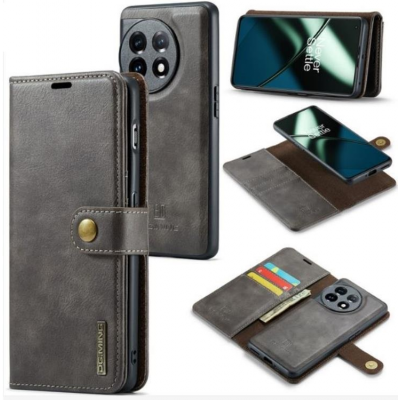 DG.MING OnePlus 11 Plånboksfodral Äkta Läder 2-i-1 - Grå