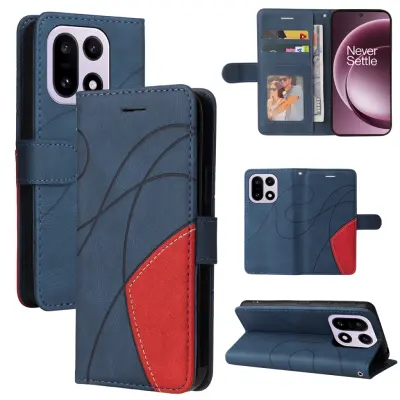 OnePlus 15 5G Konstläder Plånboksfodral Bi-Färg Splicing Desig (Blå)