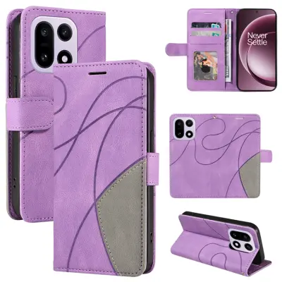 OnePlus 15 5G Konstläder Plånboksfodral Bi-Färg Splicing Design (Lila)