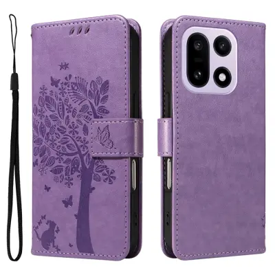 OnePlus 15 5G Plånboksfodral Cat Tree Pattern Läder (Ljuslila)