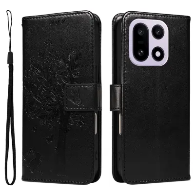 OnePlus 15 5G Plånboksfodral Cat Tree Pattern Läder (Svart)