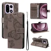 OnePlus 15 5G Plånboksfodral Floral Butterfly Imprinted (Grå)
